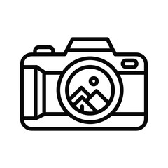 Line art illustration of a camera with a landscape scene inside the lens, symbolizing photography and travel