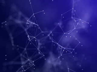 Abstract digital network of glowing white nodes and connecting lines against a deep blue gradient background with soft light effects