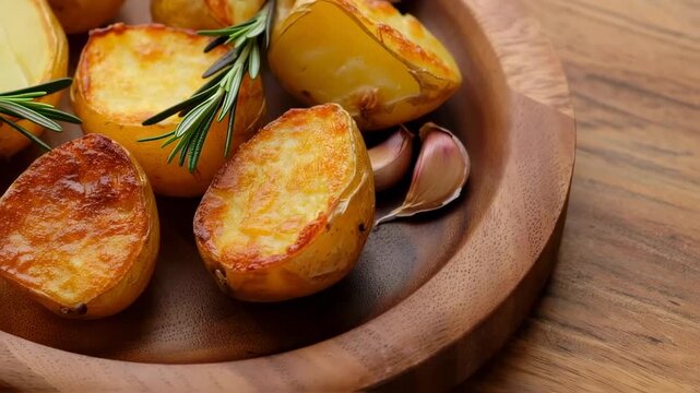 Roasted potato wedges with herbs and garlic in a wooden dish