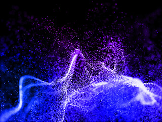 Abstract swirling luminous particles of blue and purple light creating a dynamic fluid motion against a dark background