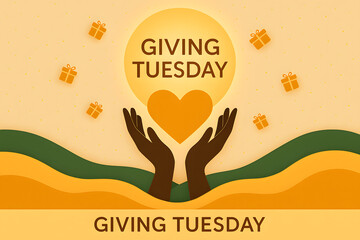 Giving tuesday illustration with hands holding a heart and gift boxes