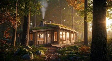 Serene wooden cabin nestled in an autumn forest with sunbeams illuminating the trees