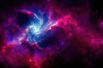 Vibrant swirling nebula with bright blue core and pink cosmic clouds representing deep space and galactic wonder