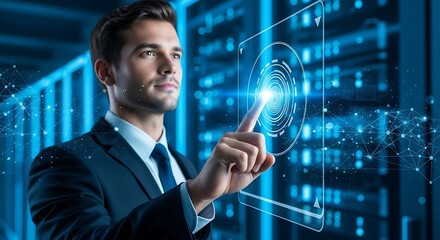 Professional businessman interacting with a futuristic holographic interface for cloud computing and data management inside a modern server room