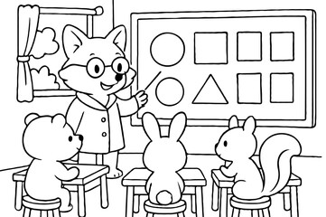 Cartoon Fox Teacher Explaining Geometric Shapes to Animal Students in Classroom Coloring Page