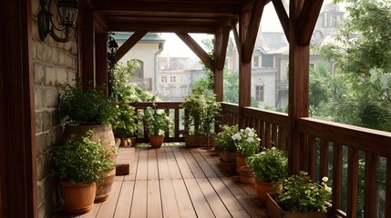 Obraz premium A serene wooden veranda adorned with lush potted plants offers a picturesque view of distant European buildings