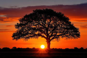 Lone Oak Tree Silhouette at Vibrant Sunset