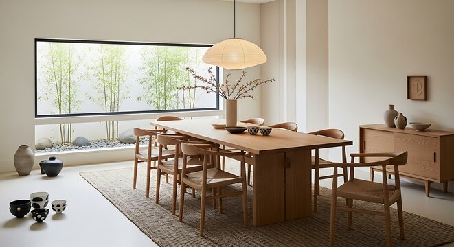 Modern dining room with wooden table, chairs, and large window with bamboo view