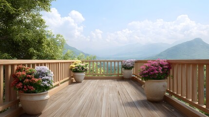 Obraz premium A wooden terrace adorned with colorful potted plants offers a breathtaking panoramic view of rolling mountains under a bright cloudy sky