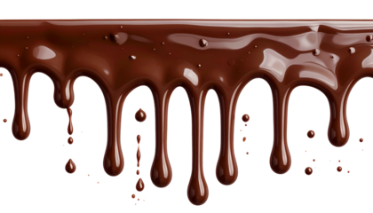 Dripping, shiny, glossy, dark brown chocolate on a black background