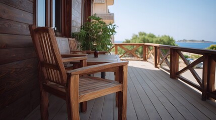 Obraz premium Wooden chairs and table on a sunlit balcony with a serene sea view
