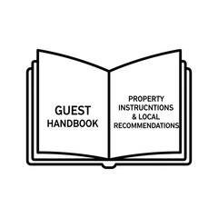 Outline icon of an open guest handbook displaying property instructions and local recommendations