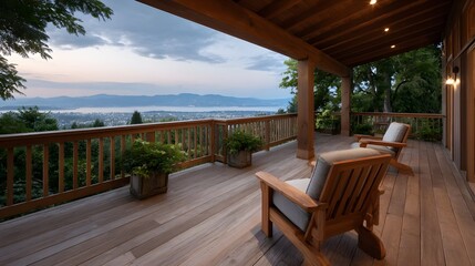 Obraz premium A wooden deck with chairs overlooks a serene water vista at dusk