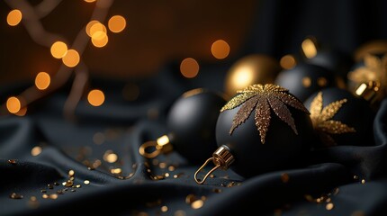 Elegant Black and Gold Christmas Ornaments with Bokeh Lights