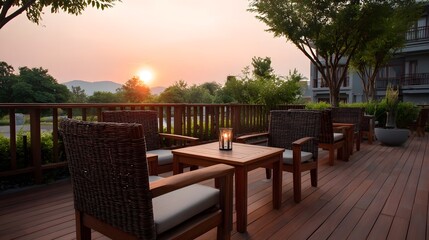 Obraz premium Wooden deck with seating area at sunset offering a serene mountain and tree lined view