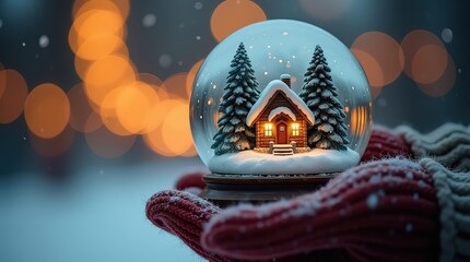 Hands Holding Snow Globe with Cozy Cabin Scene winter