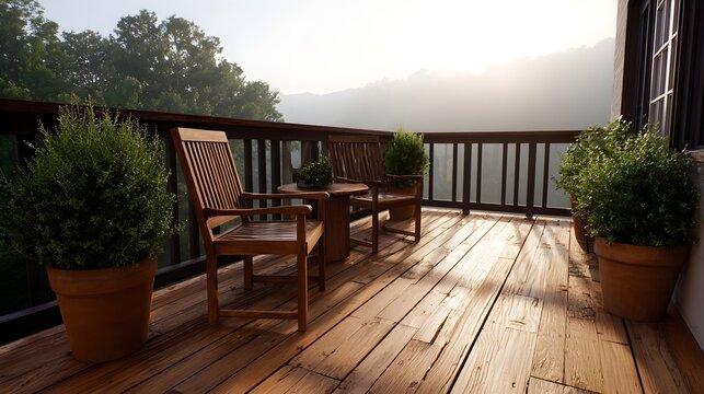 A tranquil wooden deck with chairs and potted plants overlooks a misty mountain landscape at sunrise or sunset