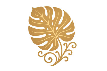 Fototapeta premium Gold monstera leaf vector illustration with decorative floral swirl on transparent background, tropical luxury design element