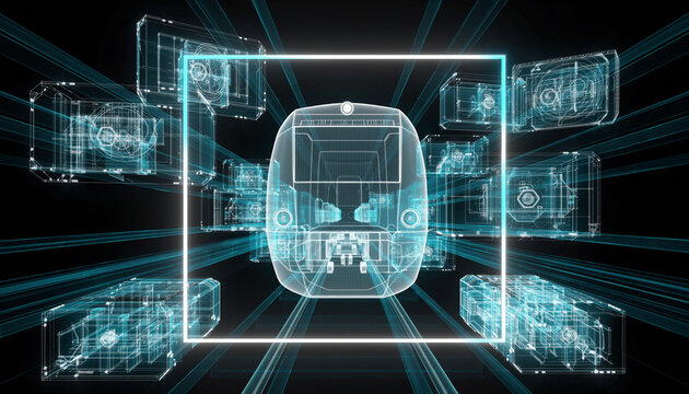 Digital Rail Concept: A futuristic illustration showcases a train design, encased within a digital grid, highlighting innovation in transport. - Powered by Adobe