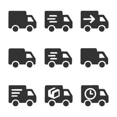 Set of nine delivery truck icons with various symbols.