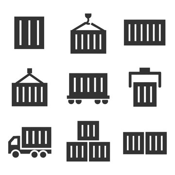 Shipping container icons set: transportation, logistics, storage symbols.