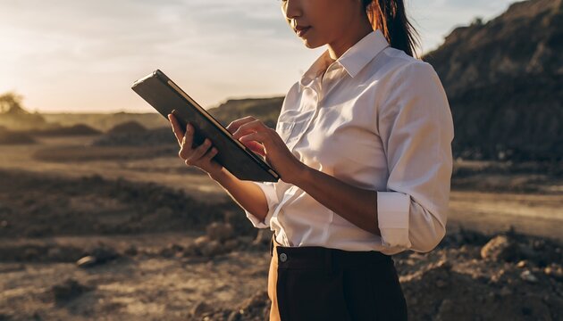 Businesswoman Using Tablet in Outdoor Natural Landscape During Sunset
