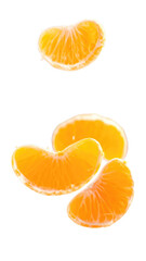 Orange segments, some stacked and one floating above, with visible pulp and rind details, on a white background png with transparency