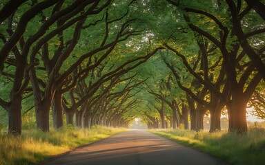 Drive down a tree lined road with sunlight filtering through the leaves