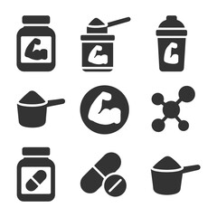 Set of protein supplement icons in black and white.