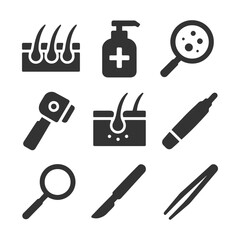 Obraz premium Dermatology tools and hair growth symbols set in black and white.