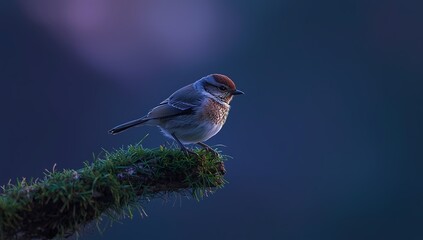 Charming bird perched peacefully on mossy branch against deep blue backdrop, ideal for nature blogs or wildlife conservation campaigns