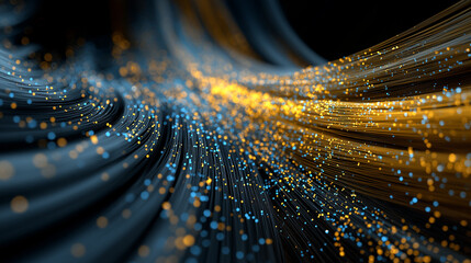 Digital Finance Data Stream: Blue and Gold Particle Flow Visualization for Financial Technology Concept
