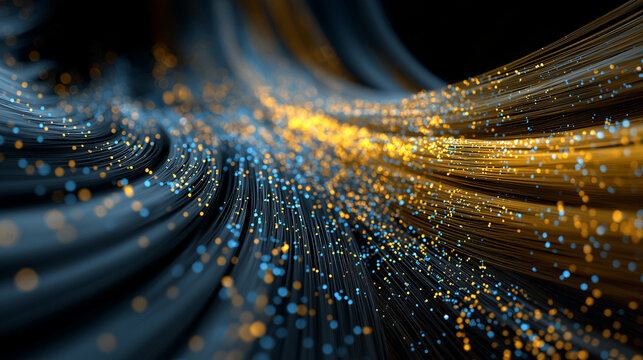 Digital Finance Data Stream: Blue and Gold Particle Flow Visualization for Financial Technology Concept
