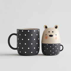 Cute polka dot bear mug and matching ceramic cup on light background