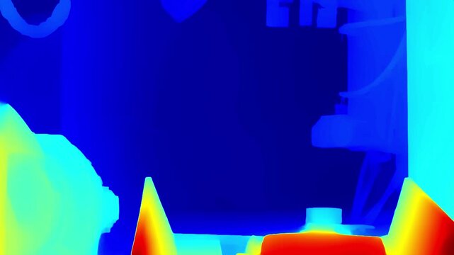 Visual representation of industrial robotic arms on a production line, shown in grayscale depth map and heatmap format for automation and machine vision analysis.