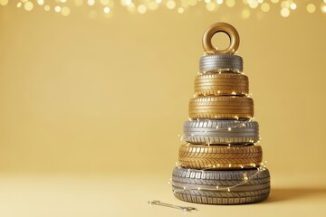 Christmas tree made from stacked car tires, painted in gold and silver and decorated with festive string lights. Wrench nearby. New Year banner with copy space for mechanic's, garage, service center