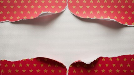 Torn Red Paper with Gold Stars Revealing White Textured Background