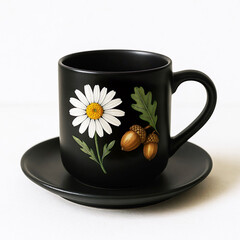 Black ceramic cup with chamomile and acorn illustration on white background