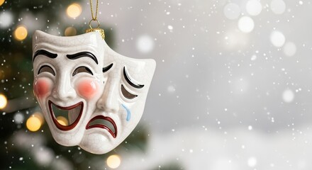 White comedy and tragedy masks as ceramic ornament for Christmas tree, festive snowy background, copy space. Greeting card for theatrical art, stage performance, drama school, theatre college