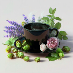 Black cup of herbal tea with hop cones, lavender and roses on light background