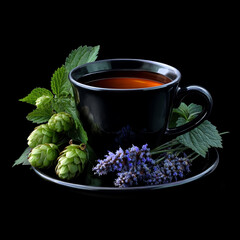 Black cup of herbal tea with hop cones and lavender on dark background