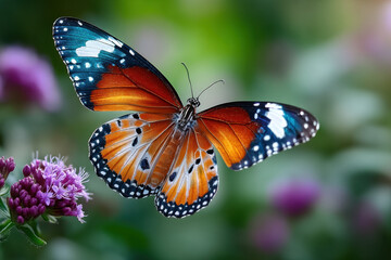 Fototapeta premium Colorful Butterfly in Flight Near Purple Flowers