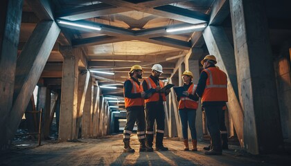 Fototapeta premium Construction Workers in Safety Vests and Helmets Discussing Plans Inside Modern Building Under Construction