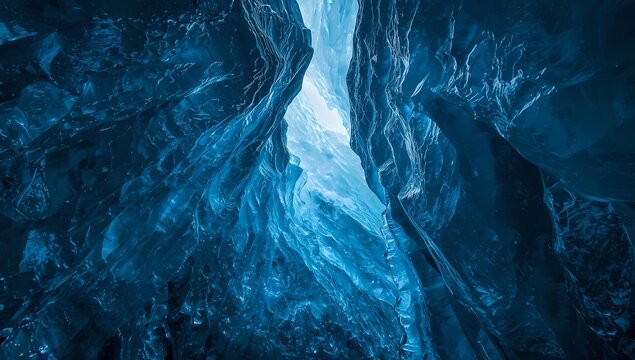 Explore the breathtaking blue ice cave with mesmerizing light, perfect for adventure travel ads, nature documentaries, or stunning wallpaper backgrounds