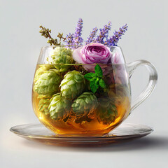 Aromatic Herbal Infusion With Hops, Lavender, Mint And Rose In A Glass Teacup
