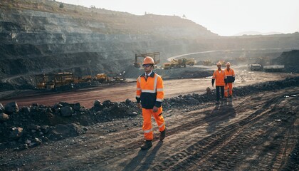 Construction Workers Wearing Safety Gear Walking on Mining Site with Heavy Equipment in Background