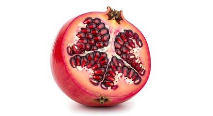 Half fresh pomegranate fruit with bright red arils isolated on white background