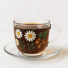Glass cup of herbal tea with chamomile and acorn illustration on white background