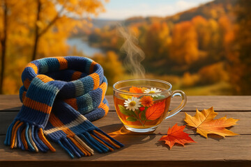 A cup of herbal hot tea and a scarf on a table against the backdrop of an autumn forest
