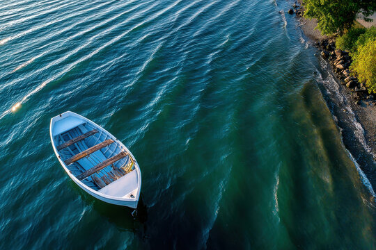Small white boat on calm green water near shore